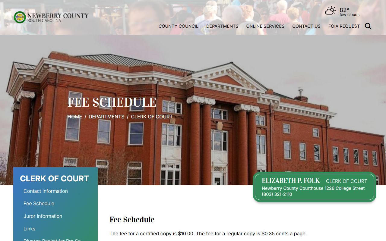 Newberry County Clerk of Court fee schedule page for record copies