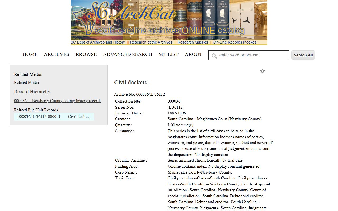 Newberry County court dockets civil archives screenshot