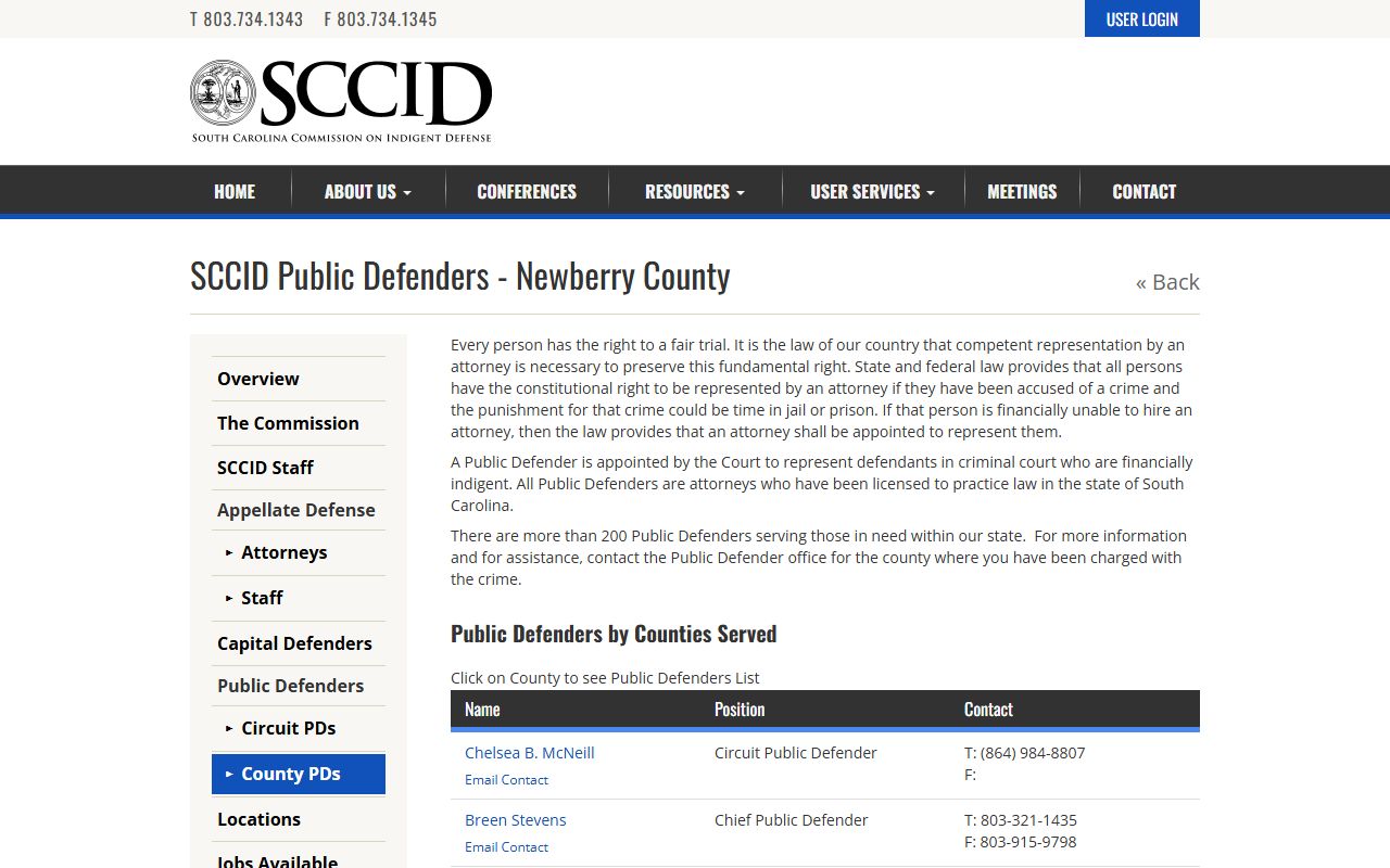 Newberry County criminal court records public defender directory screenshot