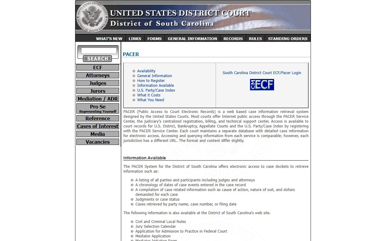 District of South Carolina PACER information for records separate from Newberry County Circuit Court