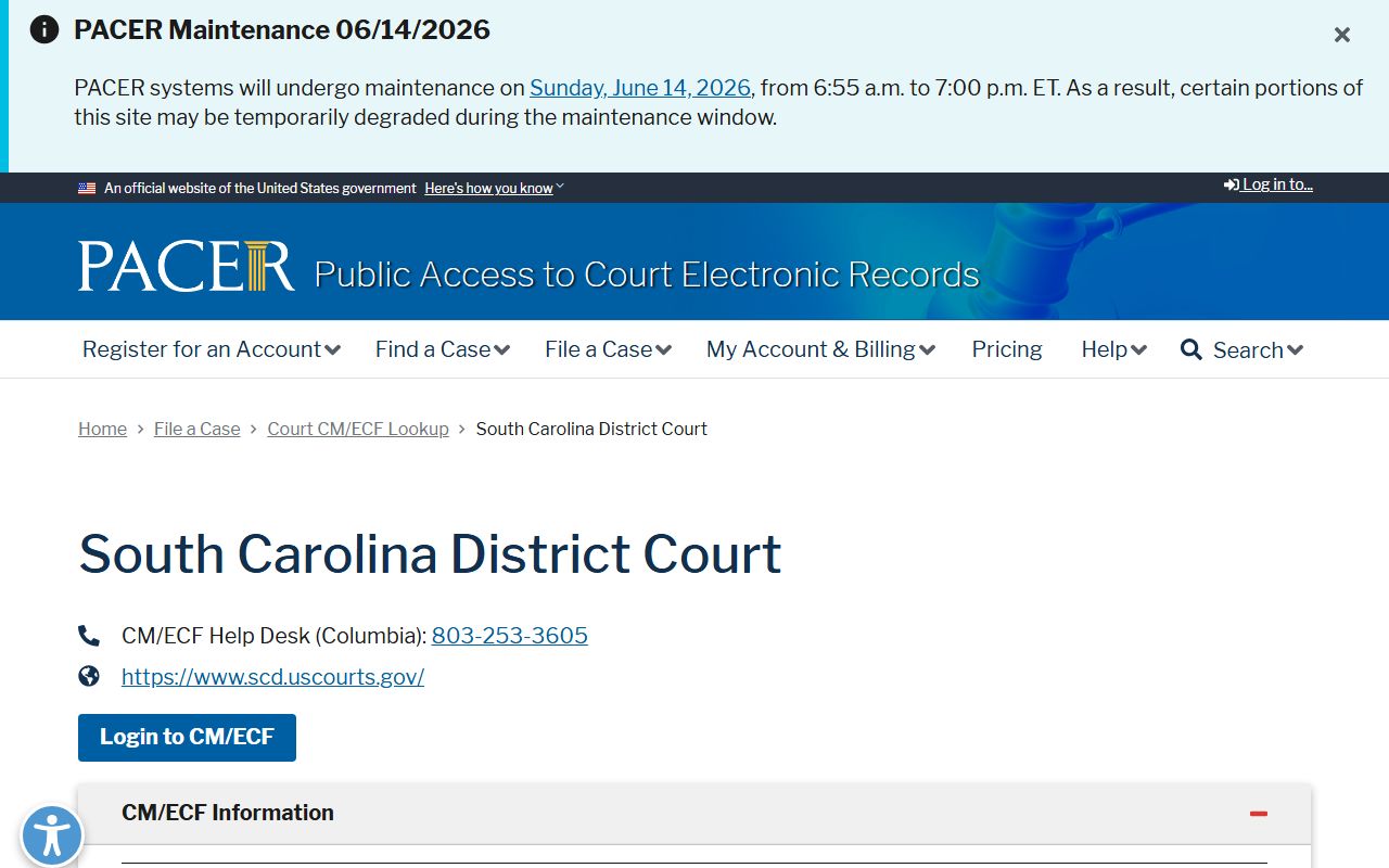 PACER South Carolina lookup for federal court records outside Newberry County Circuit Court
